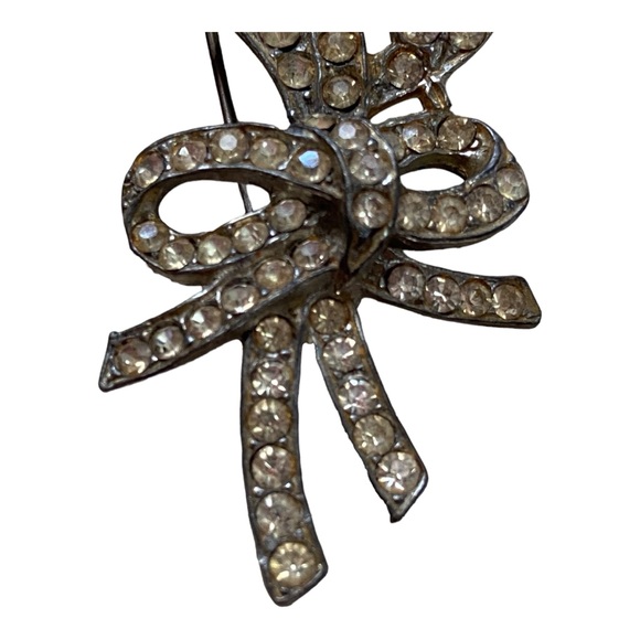 Vintage Rhinestone Tulip Flower Bow Brooch Silver Tone Old Pot Metal 30’s-40’s - Picture 2 of 9